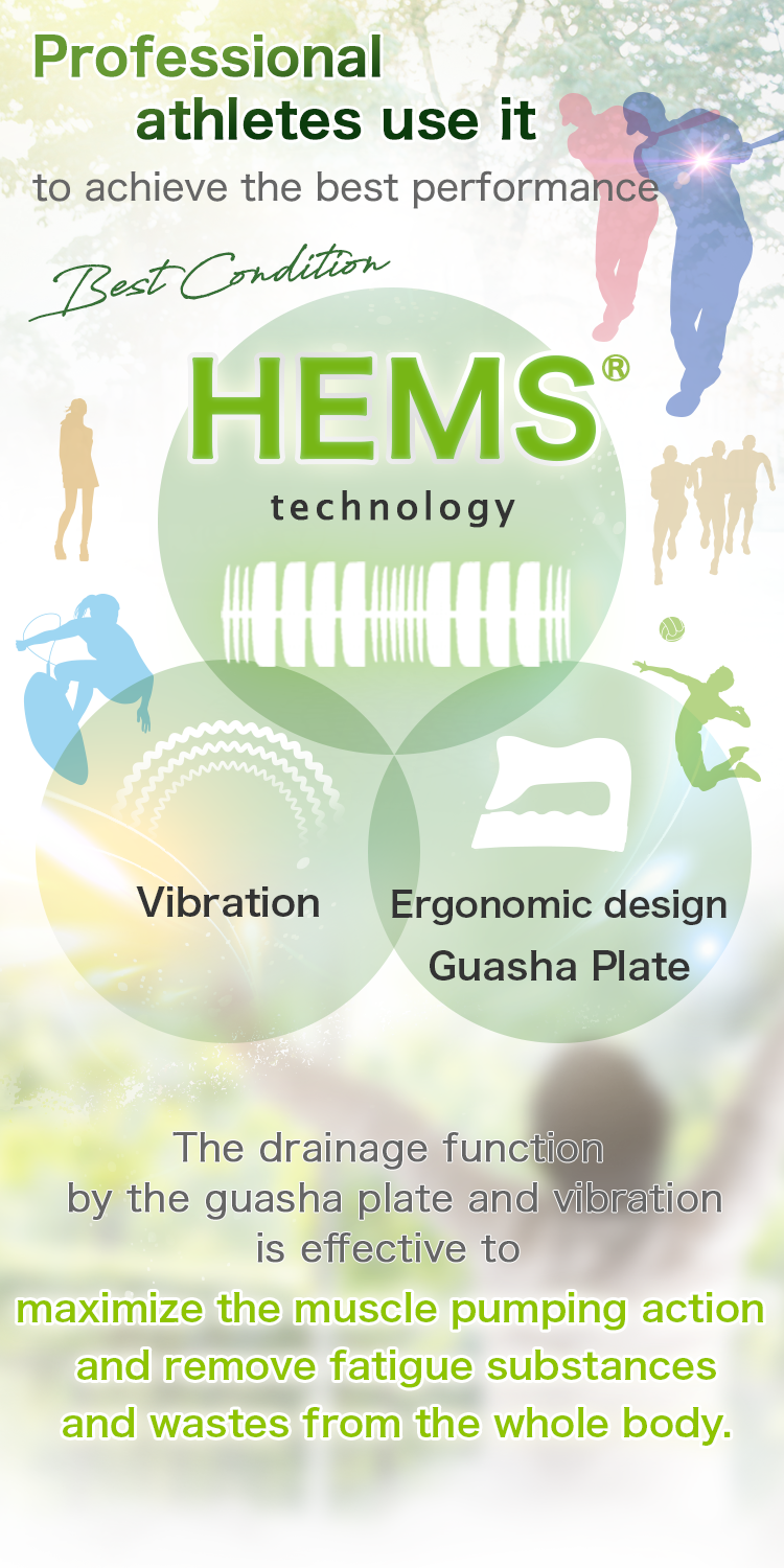 「HEMS technology」「Vibration」「Ergonomic design Guasha Plate」